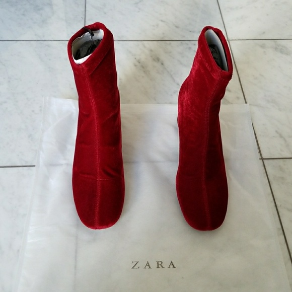 New Zara Red Velvet Ankle Boots Sz 6 - Picture 2 of 8
